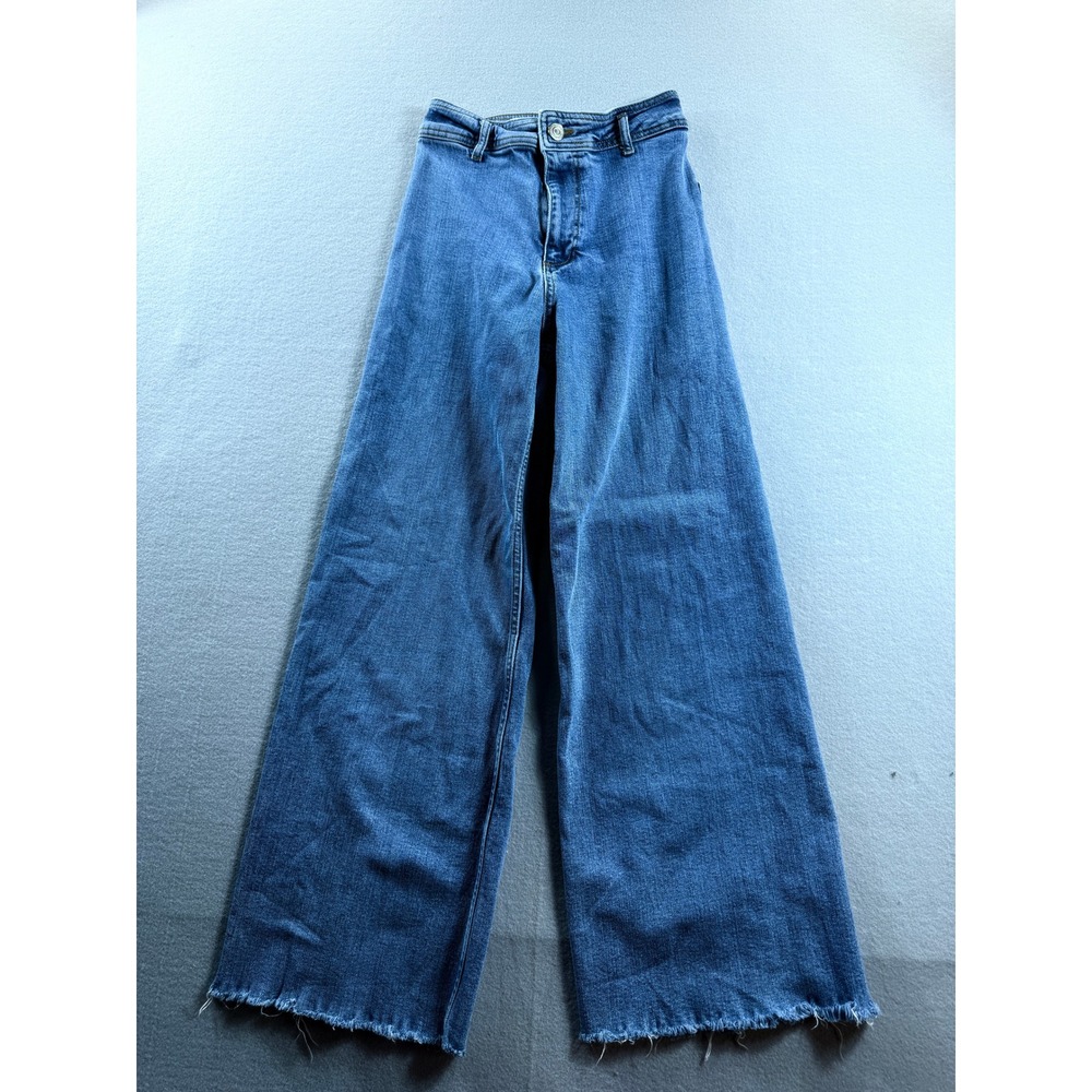 Zara Jeans Women 4 Blue Wide Leg High Rise Raw Hem 26x28